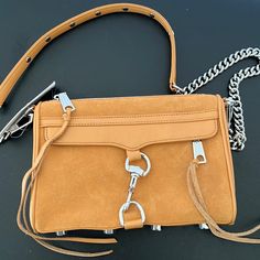 A Chic Crossbody With A Chain Strap. Leather Suede Construction With Shiny Hardware, Lobster Clasp Lock Closure. Never Been Used. Tan/Honey. Rebecca Minkoff Mac, Chain Strap, Rebecca Minkoff, Lobster Clasp, Honey, Bag Lady, Mac, Chain, Leather