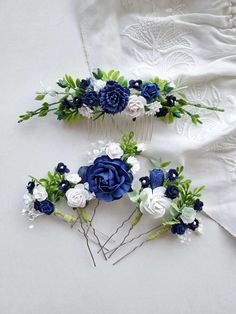 This White and blue flower hair pins and comb wedding , of artificial flowers This a beautiful and delicate hair accessory for brides and a nice gift to the bridesmaids On the wedding day, every bride wants to look fantastic. This flower hair piece , will be a magical addition to your look on your happiest day. This will emphasize the ease of your image. The comb is very conveniently attached to the hair and fits in with any hairstyle. -Material- artificial pearl and artificial greenery -Colors- white, dark blue, blue, white - Unique handmade Navy Blue Hair Accessories, Navy Blue Hair, Blue Wedding Hair, Dark Blue Wedding, Blue Hair Accessories, Flower Hair Pins, Flower Hair Pieces, Floral Hair Pins, Wedding Hair Piece