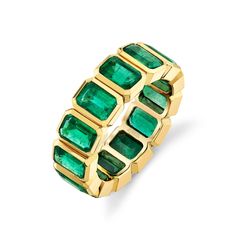 Introduce a touch of luxury to your jewelry collection with this exquisite Green Emerald 18k Yellow Gold Eternity Band. Featuring 6.8 carats of sparkling emerald-cut emerald stones set in 18k yellow gold that beautifully compliments 13 beautiful emerald stones. Yellow Gold Emerald Ring With Baguette Diamonds, Yellow Gold Emerald Ring With Baguette Cut, Luxury Yellow Gold Emerald Cut Ring, Luxury Yellow Gold Emerald Cut Emerald Ring, Timeless Green Jewelry With Baguette Diamonds, Luxury Yellow Gold Emerald Ring With Baguette Diamonds, Luxury Emerald Ring In Yellow Gold With Baguette Diamonds, Luxury Yellow Gold Emerald Ring With Baguette Cut, Elegant Octagon Emerald Ring In Yellow Gold