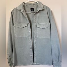 Oversized Denim Jacket Pale Green Blue Gray Never Worn Ask Questions Open To Offers Fall Light Wash Shacket With Pockets, Fall Light Wash Shacket With Button Closure, Light Wash Button Closure Shacket For Fall, Trendy Light Wash Shacket For Fall, Trendy Light Wash Shacket For Everyday, Trendy Light Wash Everyday Shacket, Fall Light Wash Button-up Shacket, Oversized Zara Denim Outerwear, Oversized Denim Outerwear By Zara