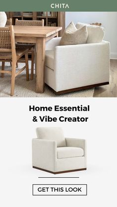 a living room and dining room with the text home essential & vibe creator get this look