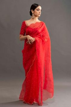 Shop for Kavitha Gutta Red Organza Rekha Scallop Hem Saree With Blouse for Women Online at Aza Fashions Red Embroidered Saree, Kavitha Gutta, Red Organza Saree, Saree With Pants, Urban Chic Outfits, Bridal Trousseau, Wedding Sarees Online, Beautiful Sarees, Organza Blouse