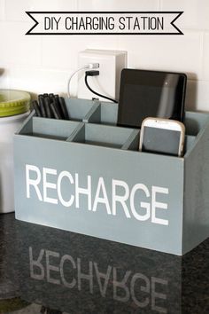 two pictures of cell phones and charging devices in an office cubicle with the words recharge written on it