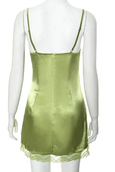 This stylish mini dress features a backless design with lace patchwork and spaghetti straps. The intricate detailing and fitted silhouette make it perfect for making a chic statement at dressy events. Elegant and eye-catching with a touch of modern flair. Details: Elasticity: High Stretch Fabric Type: POLYESTER Silhouette: Sheath Neckline: other Material: POLYESTER Material: SPANDEX Fitted Green Suspender Dress For Spring, Sleeveless Satin Mini Dress With Lace Trim, Fitted Satin Suspender Dress For Date Night, Chic Satin Mini Dress With Straps, Fitted Satin Suspender Dress, Elegant Fitted Suspender Dress With Lace Trim, Mini Length Lace Trim Slip Dress For Night Out, Green Backless Dress With Spaghetti Straps For Date Night, Lace Trim Mini Slip Dress For Night Out