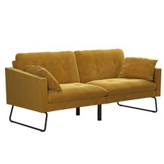 a yellow couch sitting on top of a metal frame