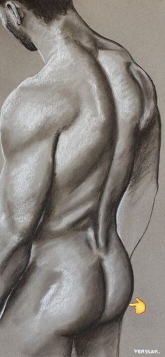 a drawing of a man's back with no shirt on, standing in front of a gray background