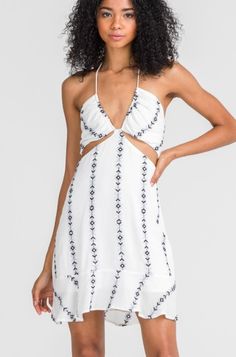 White Embroidered Sundress White Cutout Mini Dress For Beach, Summer Mini Dress With Cutout For The Beach, Summer Mini Dress With Cutout For Beach, Summer Mini Dress With Cutout For Vacation, Cutout Mini Dress For Summer Vacation, Summer Vacation Cutout Mini Dress, Vacation Sundress With Cutout Details, Vacation Mini Sundress With Cutout, White Sundress For Summer Outings