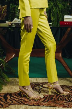 Americae Bottoms The Tailored Cigarette Pants Chic Spring Pants, Spring Fitted Pants With Straight Hem, Fitted Ankle-length Work Pants For Spring, Spring Tailored Straight-leg Dress Pants, Tailored Straight Leg Dress Pants For Spring, Spring Pantsuit With Pressed Crease Trousers, Elegant Yellow Pantsuit For Formal Occasions, Elegant Fitted Yellow Bottoms, Formal Spring Straight Leg Pants