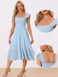 Shop Allegra K for boho midi square neck ruffle tiered flowy smocked sundress you are looking for, get more women's dresses for yourelf. Order now! Free Returns! Smocked Sundress, Neck Ruffle, Blue Dress, Women's Dresses, Square Neck, Order Now, Sundress, Blue Dresses, Smocking