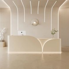 a white reception desk in an empty room