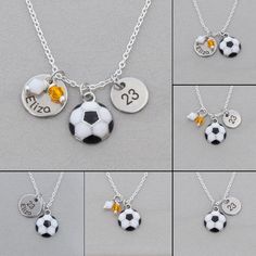 four pictures of different necklaces with soccer balls and charms attached to them, all in silver or gold