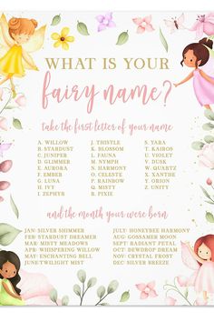 What is your fairy name? Cute name game poster for girls' fairy themed birthday party featuring adorable watercolor illustrations. afflink Your Fairy Name, Fairy Party Games, Fairy Names, Fairy Baby Showers, Fairy Garden Birthday Party, Fairy Tea Parties, Name Game, Fairy Garden Party, Best Character Names