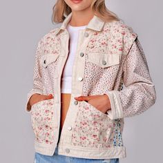 Oversized Patchwork Denim Jacket In Off White With Floral Print. Just Gorgeous! Armpit To Armpit 22 3/4” Hem 21 1/4” Lenght 24 1/2” Arm Length Shoulder Seam To Cuff 21 1/2” Arm Length Pit To Cuff 17 1/4” B103 Casual Denim Premium Patchwork Floral Jean Bohemian Frayed Denim Jacket, Light Wash Jean Jacket, Leopard Print Jeans, Denim Jacket Patches, White Jean Jacket, Printed Denim Jacket, Cropped White Jeans, Embroidered Denim Jacket, White Denim Jacket