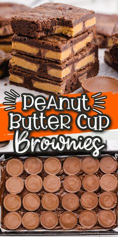 chocolate brownies with peanut butter cups in the middle and on top are stacked next to each other