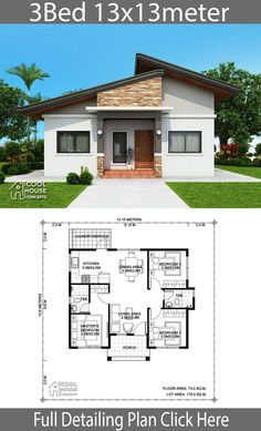 two story house plan with 3 beds and 1 baths in the front, three bedroom floor plans