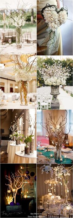 several different pictures of flowers and branches in vases with candles on the table for centerpieces