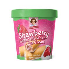 strawberry shortcake rolls ice cream in a green plastic container on a white background with the lid open