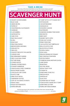 the scavenger hunt printable is shown on an orange background with white border