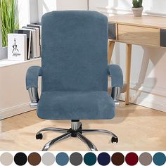 a blue office chair in front of a desk with multiple color swatches on it