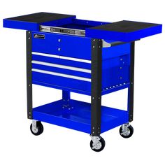 a blue tool cart with two drawers on wheels