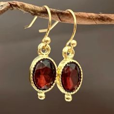 18k Gold Finish Garnet Handcrafted Handmade Classic Gold-plated Earrings, Handmade Classic Gold Plated Earrings, 14k Gold-filled Oval Earrings, Elegant 14k Gold-filled Red Jewelry, Dainty Gold Oval Earrings, Elegant Red Gold Jewelry, Gold Plated Oval Earrings For Gift, Oval Gold-plated Earrings As Gift, Elegant Red 14k Gold-filled Earrings