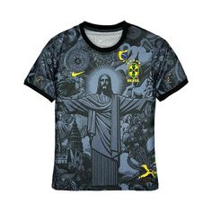 a t - shirt with the image of jesus in black and yellow, on a white background