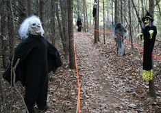 three people dressed up in costumes walking through the woods with trees and orange tape around them