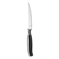 a knife that is sitting on top of a white countertop with a black handle