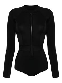 black stretch-design round neck tonal stitching front zip fastening long sleeves thigh-length Be mindful to try on swimwear over your own garments. Black Rashguard, Black Sport Outfit, Long Sleeve Bathing Suit Two Piece, Swimsuit Long Sleeve, Goth Swimwear, Goth Bathing Suit, Black Swimming Costume, Nike Swimsuit, Code Clothes