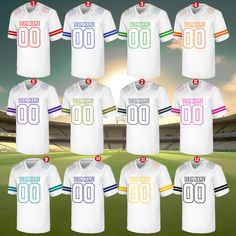 a group of soccer jerseys with numbers on them