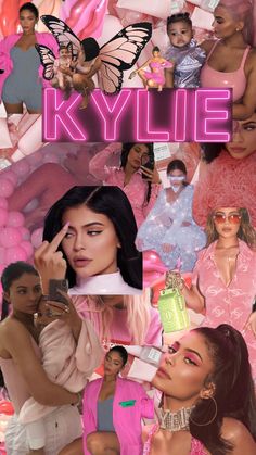 a collage of photos with the words kyllie on it and images of women in pink