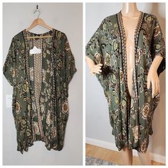 Angie Green Printed Floral Open Front Long Kimono. Women's Size Xl Modeled On My Xs 5'8" Mannequin 100% Rayon New With Tags 5661 9oz Green V-neck Kimono For Fall, Fitted Green Kimono For Summer, Casual Rayon Kimono With V-neck, Fitted Casual Summer Kimono, Fitted Casual Kimono For Summer, Casual Fitted Open Front Kimono, Boho Kimono, Long Kimono, Floral Kimono