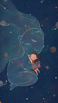 an illustration of a woman holding a baby in her arms and looking up at the sky