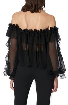 Captivate in this sheer silk-chiffon blouse detailed with ruffles down the sleeves and around the off-the-shoulder neckline punctuated by a glorious rosette. 23" center front length (size 16) Off-the-shoulder halter neck Long sleeves Sheer 100% silk Dry clean Made in the USA of imported fabric Women's Designer Clothing Latinx Owned/Founded Silk Chiffon Blouse, Festival Chic, Blouse Nordstrom, Chiffon Ruffle, Chiffon Blouse, Off Shoulder Tops, Sheer Blouse, Carolina Herrera, Silk Chiffon