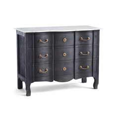 an antique black and white dresser with brass pulls on the drawers, against a white background