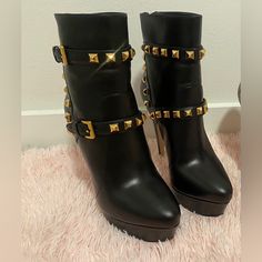 Size 8.5 Black Leather Gold Studs New With Box Velvet Ankle Boots, Heeled Rain Boots, Bow Boots, Black Suede Ankle Boots, Brown Leather Ankle Boots, Miu Miu Shoes, Black Ankle Booties, Zipper Boots, Black Leather Ankle Boots