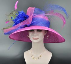 Summer Wide Brim Hat With Feathers, Feathered Church Hats For Summer, Summer Hats For Races With Feather Trim, Summer Hats With Feather Trim For Races, Summer Church Hats With Feathers, Summer Racing Hats With Feather Trim, Feathered Summer Church Hats, Purple Feathered Hats For Summer, Summer Garden Party Hats With Feathers