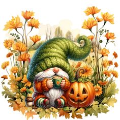 an image of a cartoon character with pumpkins in the grass and flowers around him