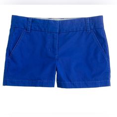 J. Crew Chino Short Bright Indigo Blue 3 Inch Cotton. It's Always Warm And Sunny Somewhere And A Classic Chino Short Is Perfect For Just About Any Outing. Flat Waistband With Belt Loops And Concealed Hook And Bar Closure. Slant Pockets At Hips, Welt Pockets On Rear With Right Back Pocket With Single Button Closure. Low Rise. Made In Indonesia. Fabric: 100% Cotton. Care: Machine Wash Cold, Gentle Cycle. Do Not Dry Clean. Condition: Brand New With Tags. Size: 6, Six. Measurements: Waist: 34”* Hips Blue Shorts For Spring Workwear, Classic Blue Summer Shorts, Indigo Blue, Chino Shorts, Welt Pockets, Welt Pocket, Low Rise, J Crew, Dry Clean