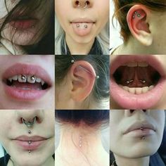 multiple pictures of different types of piercings on the nose and mouth, including an earring