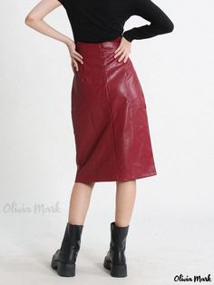 Olivia Mark - Vintage High-Waist Red Leather Skirt with Chic Tote Design Red Midi Skirt With Pockets, Red Midi Pencil Skirt For Work, Chic Red Pencil Skirt For Spring, Chic Red Pencil Skirt, Red Knee-length Skirt With Pockets, Fall Solid Color Pencil Skirt, Red High Waist Lined Pencil Skirt, High Waist Red Lined Pencil Skirt, Chic Red Pencil Skirt For Office