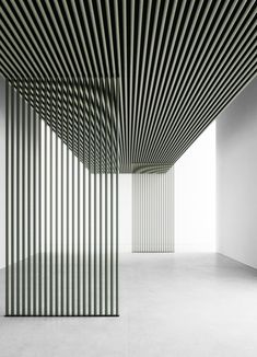 an empty room with vertical lines on the ceiling and walls in black and white colors