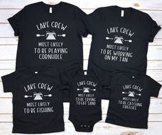 This Customized, LAKE CREW, family matching t-shirt, tee, shirt, is the perfect lake vacation shirt!  It says, "Lake Crew, Most likely to... insert your phrase"  it can be funny, sassy or serious, Get one for the whole family! Please fill out the personalization section in this listing with how you would like to personalize your shirt!  please put size and then the phrase next to the size.  I will send you a mock up of each shirt, for your approval before sending to production. This black t-shirt, tee, comes in adult, youth, Toddler and infant sizes!    Perfect family matching!  Other colors are available - Message me!  Adult:- Bella and Canvas t-shirt....XS- 3XL Kids/Youth:- Bella and Canvas  ...Youth sizing XS- XL Toddler: Gildan 64500p .... 2T-6T Infant, baby one piece 3-6 thru 12-24 mo Casual Black T-shirt For Family Vacation, Black Cotton T-shirt For Family Outings, Custom Print Short Sleeve T-shirt For Family Outings, Black Short Sleeve T-shirt For Family Gatherings, Black Graphic Print T-shirt For Family Gatherings, Casual Pre-shrunk Top For Family Outings, Black Crew Neck Top For Family Vacation, Black Short Sleeve Tops For Family Outings, Casual Customizable T-shirt For Family Gatherings