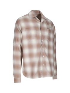 Rhude brown cotton check shirt with white details, camp collar, button closure, beige logo embroidery on the front and back, two chest patch pockets, straight hem. Brown Cotton Shirt With Patch Pockets, Classic Brown Shirt With Patch Pockets, Brown Shirt With Welt Pockets And Spread Collar, Collared Brown Shirt With Welt Pockets, Classic Brown Shirt With Camp Collar, Brown Collared Shirt With Welt Pockets, Classic Brown Tops With Patch Pockets, Brown Cotton Shirt With Lapel Collar, White Details