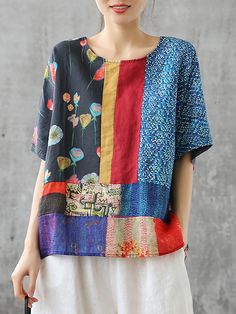 Plus Size Summer Casual, Wearable Art Clothing, Patchwork Clothes, Linen Pattern, Couture Mode, Linen Tshirts, Plus Size Summer, Blouse Diy, Recycle Clothes