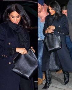 two pictures of the same woman carrying a black handbag and another photo of her