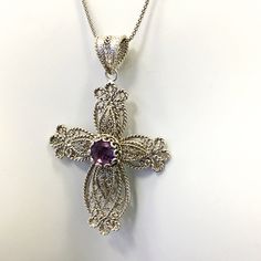 Silver Cross Amethyst Pendant Necklace, 925 Sterling, Artisan Filigree 3.5 cttw Genuine Gem, Armenian Cross, Valentine Gift Boxed for her. This is exceptional inspired from historic Armenian Crosses. Cross Pendant weight is 10gr. It has 8 mm Amethyst 3.5 carat total weight. Choice of 18 Inches Chain or just a pendant. This will come in a designer pouch, put in gift box and a romance card. It is a gift that will create memories for years to come. Our fine silver jewelry is Made in our exclusive A Sterling Silver Purple Jewelry With Intricate Design, Sterling Silver Jewelry With Intricate Design In Purple, Purple Sterling Silver Jewelry With Intricate Design, Purple Sterling Silver Filigree Jewelry, Traditional Cross Pendant Necklace As Gift, Traditional Cross Pendant Necklace For Gift, Traditional Cross Pendant Jewelry As Gift, Traditional Cross Pendant Jewelry Gift, Traditional Cross Pendant Jewelry For Gift