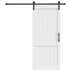 an open white barn door with black hardware on the top and bottom bars, against a white background