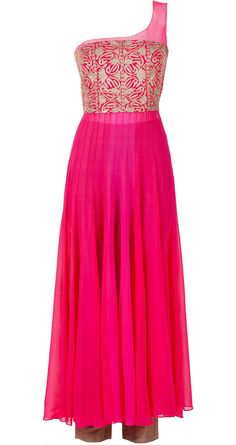 This anarkali featuring in a pink georgette one shoulder kurta with a thread embroidered yoke and side slits. It is teamed with oyster raw silk pants and net dupatta with champagne golus around border. Fabric: Georgette, net, silk. Lining: Santoon Pink Anarkali Lehenga For Evening, Pink Maxi Length Sharara For Party, Elegant Pink Maxi Length Sharara, Pink Bollywood Sharara For Evening, Bollywood Style Pink Long Sharara, One Shoulder Anarkali, One Shoulder Kurta, Eastern Wedding, Anarkali Designs