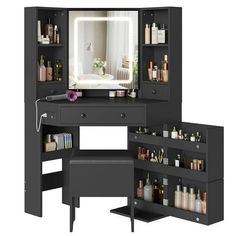 a bathroom vanity with an open door and shelves on both sides, including a stool